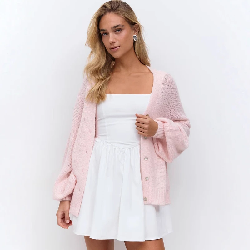 Ticketsx Sexy col en V pull femmes évider lanterne à manches longues simple boutonnage Cardigan dame décontracté doux solide pull manteau