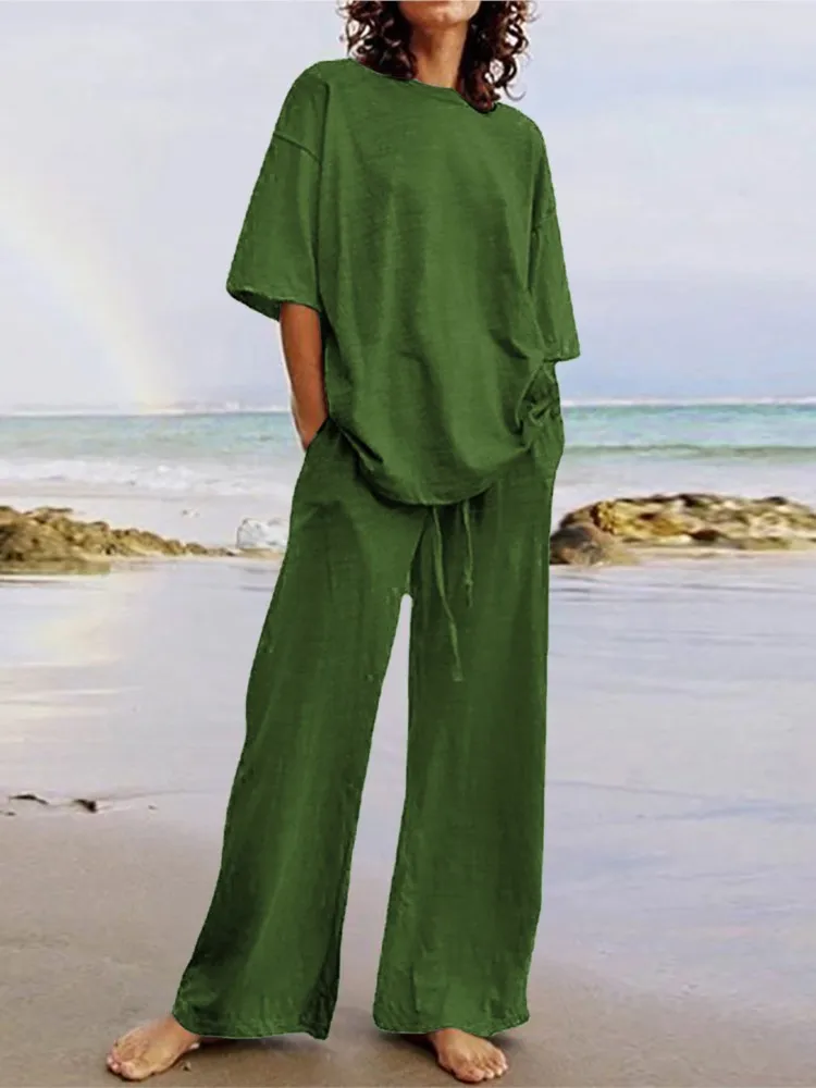 

Lady Fashion Two Piece Sets Casual Solid O Neck Loose Top+High Waist Wide Leg Pants Set For Women Holiday Office Womens Clothing