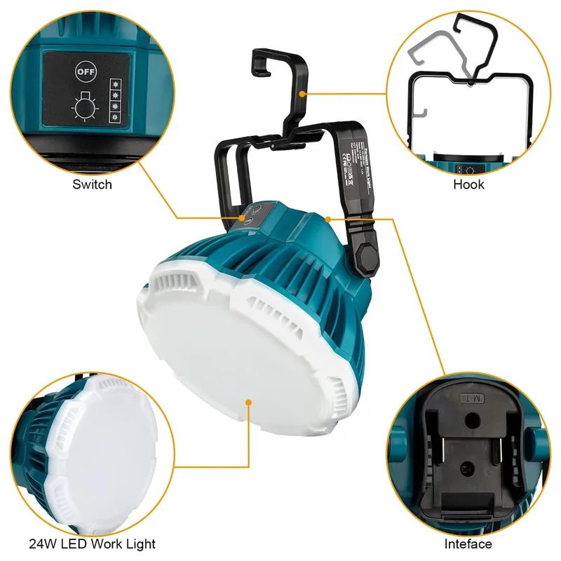 LED Lanterna de acampamento, luz de trabalho sem fio, bateria de lítio 24W, 2400Lumen, Makita Bosch, Dewalt, Milwaukee 14.4V-20V