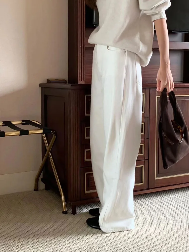 Hoge taille rechte pijpen Casual pure kleur OUNCE Jeans Ele Herfst Winter Dames Loose Fit Comfortabel ademend denim