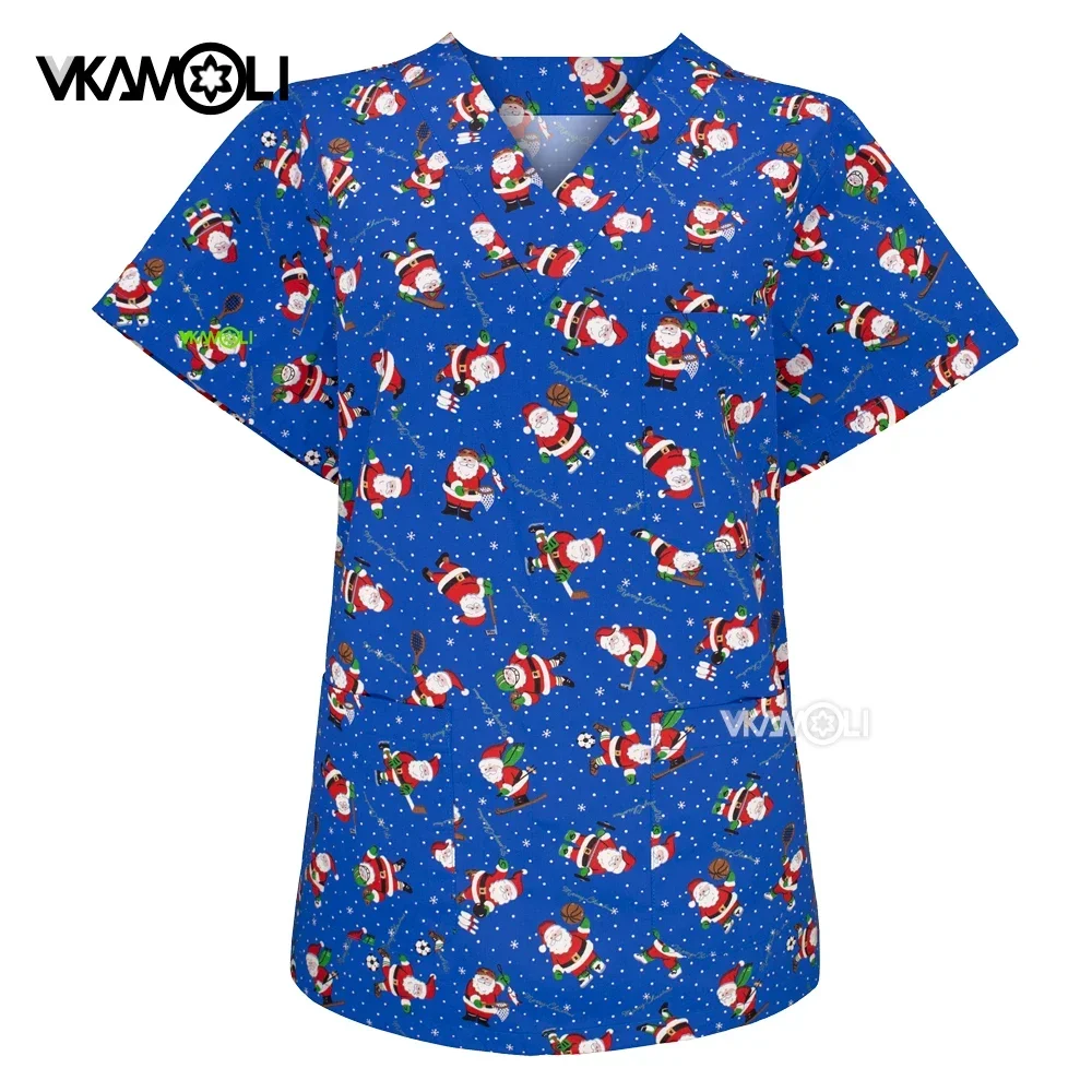 Cute Cartoon Animals Print Christmas Nursing Scrub Tops Shirts 100%cotton Dentistry Doctor Overalls Medical Surgical Uniforms