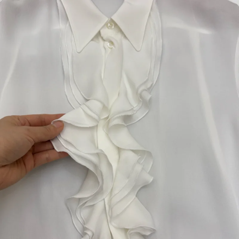 Damen-Hemd mit Puffärmeln aus 100 % Seide, quadratischer Ausschnitt, schicke Bluse, Damen-Blumenbluse, Chiffon-Langarm-Freizeithemd AI1594