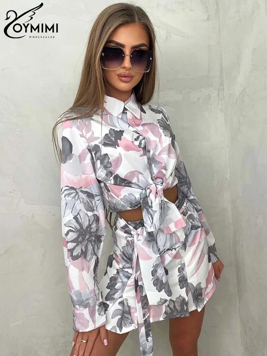 Oymimi Fashion Pink Print Womens 2 Piece Outfit Set Elegant Long Sleeve Button Shirts And High Waist Straight Mini Skirts Sets