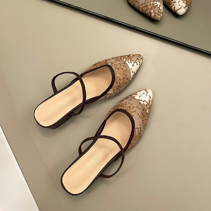 

Baotou Half Slippers One Strap Flower Lace Mesh Cutout Breathable Pointed Toe Block Heel Pumps