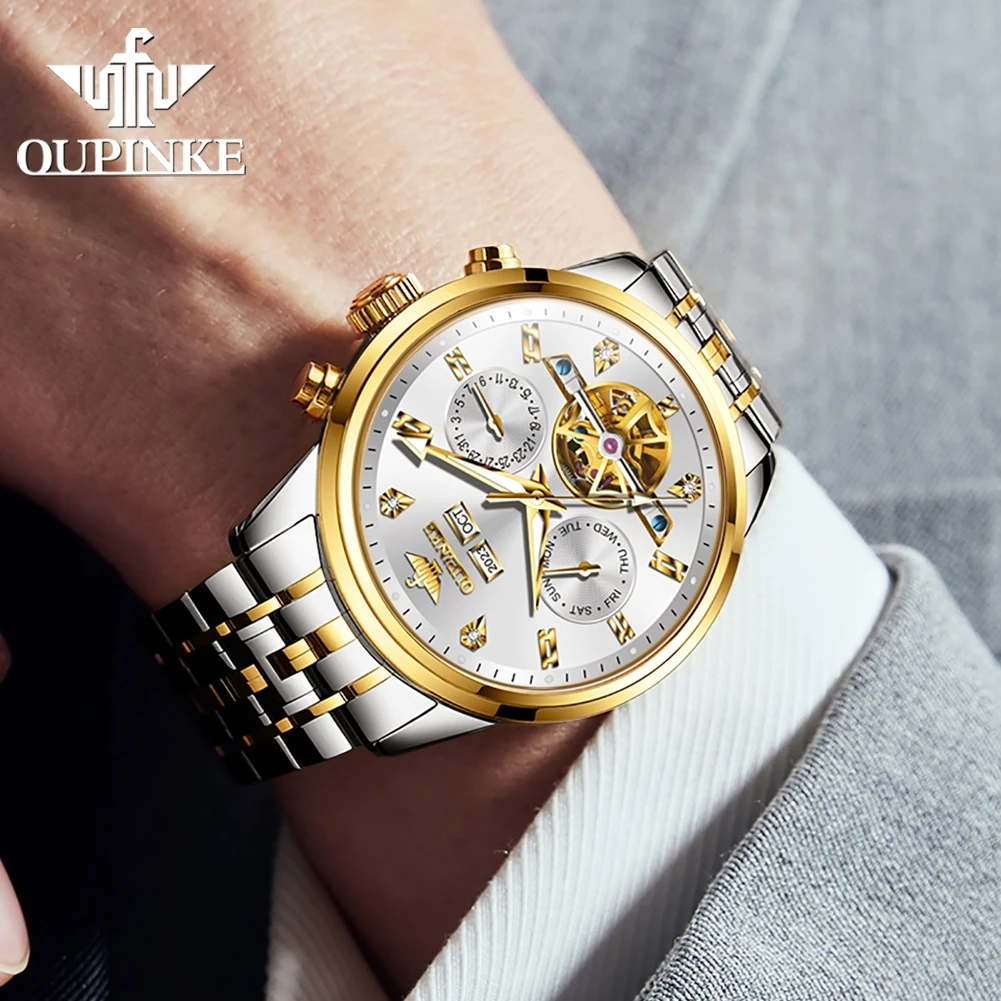 OUPINKE 3248 Automatic Mechanical Watch for Men Flywheel Skeleton Stainless steel Waterproof Men Hand Clock
