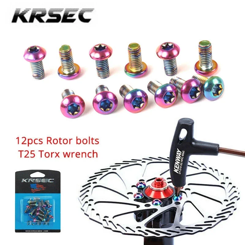 

KRSEC 12pc Bicycle Disc Brake Rotor Bolts Titanium-plate Bike Brake Rotor Screws M5*10 T25 Road MTB Brakes Rotors Bolts