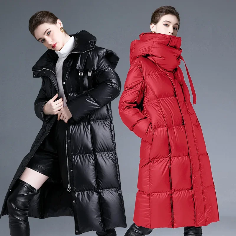 

Female Extended Down Coats Hoodies Bright Red Parkas Thickened European and American Winter White Duck Jacket Loose Clothing