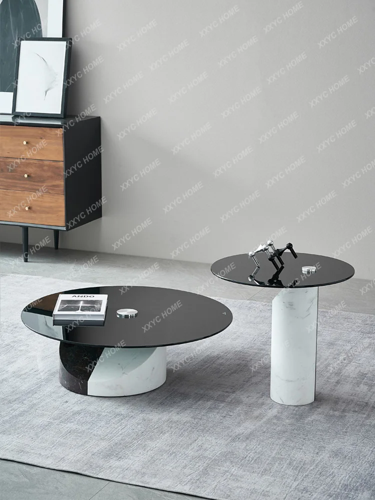 Italian Minimalist Design Natural Marble Tea Table Large Flat Layer High and Low Combination Glass round Tea Table