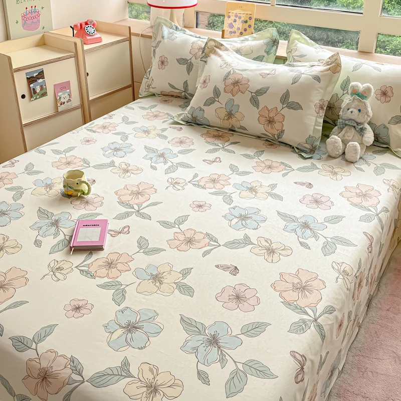 Ensemble de draps plats floraux botArabes, drap de lit imprimé papillon Kawaii avec 2 taies d'oreiller, ensemble de draps en coton, couvre-lit de style ferme