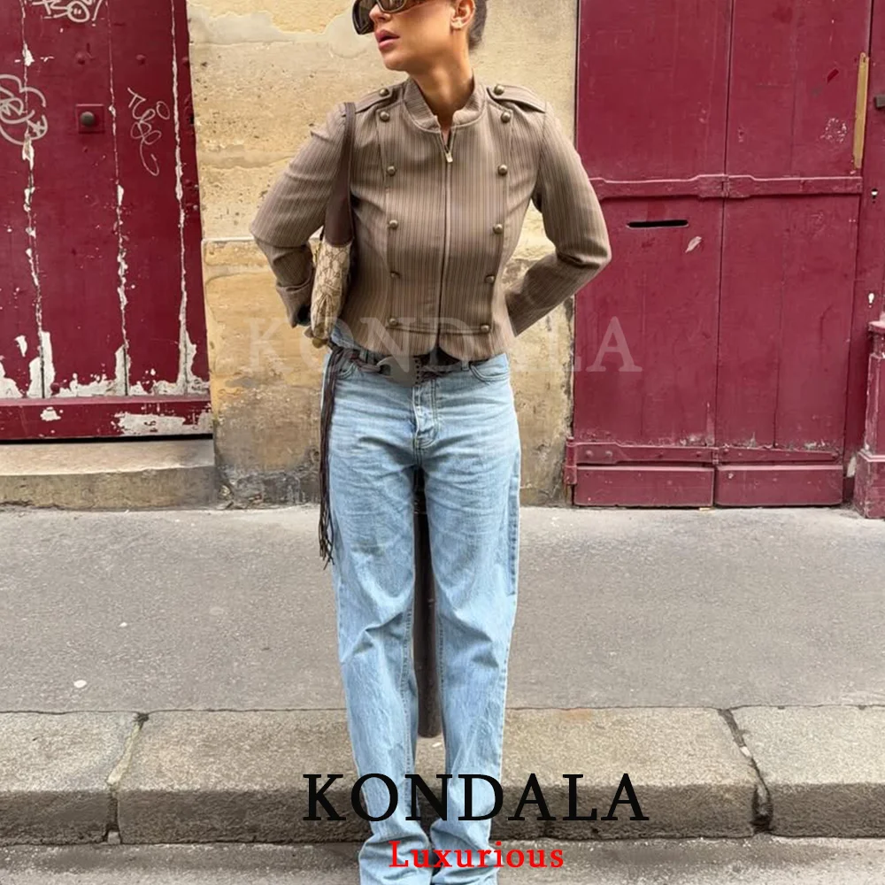 KONDALA High Street Casual Chic Women Blazer Striped Double Breasted Slim Blazer Fashion 2026 Spring Office Holiday Blazer