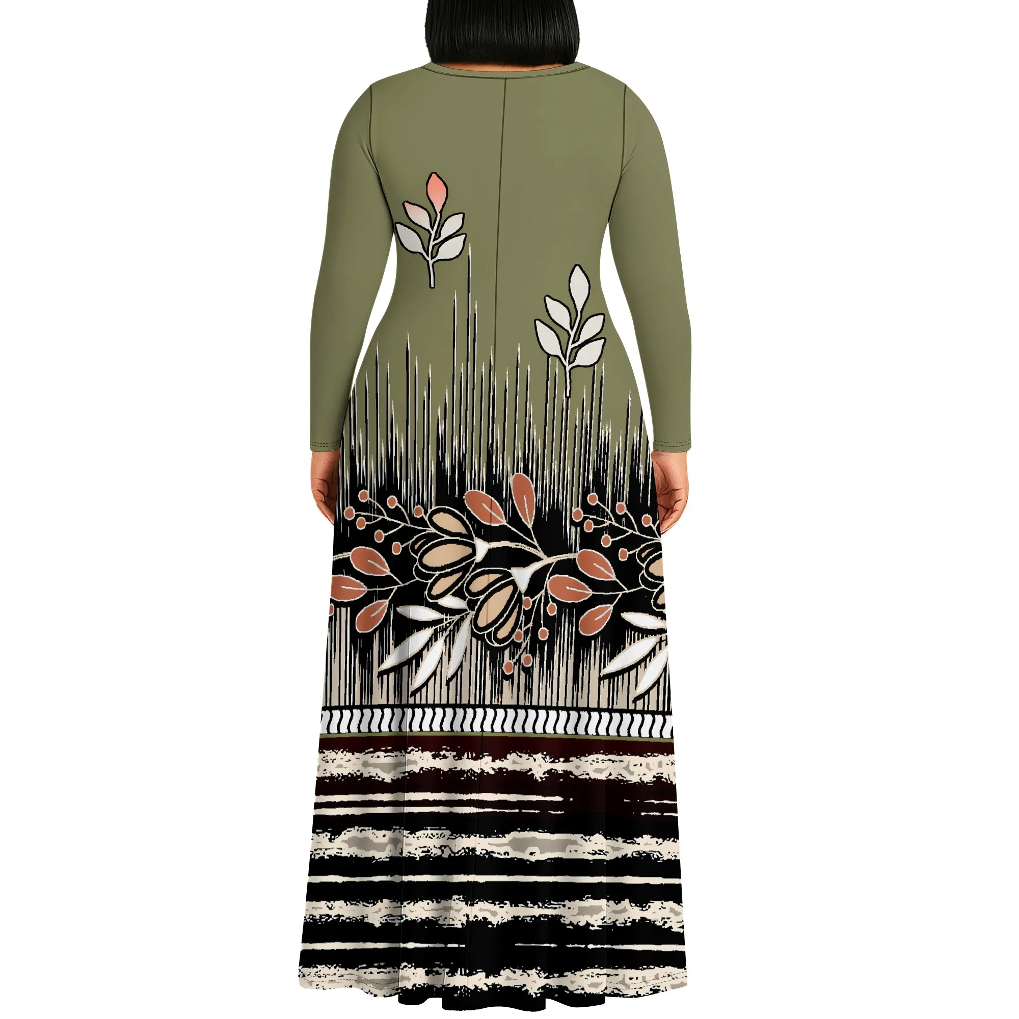 Nupusa Geometric Floral Print Dress for Women Regular Size Casual Round Neck Long Sleeve Maxi Dress