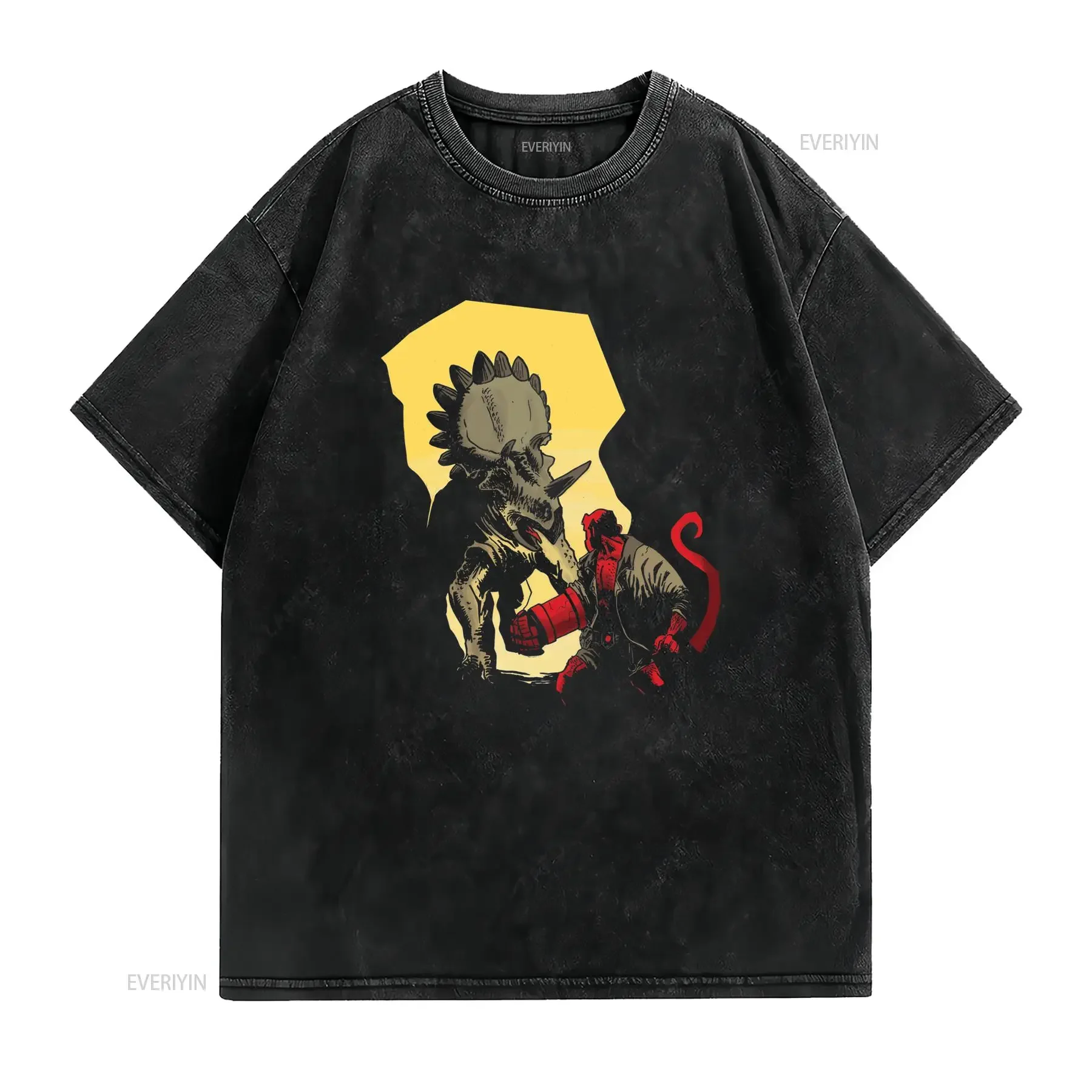 Retro Comic Hellboy Fight Alien Print Cool Streetwear Casual T Shirt vintage Washed streetwear Top For Everyday Wear Stylish