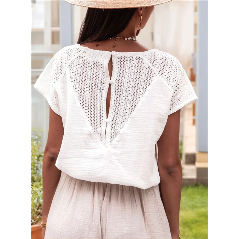 

Womans Short Sleeve Shirt White Lace Crochet Textured Button Back V Neck T Shirt-A55G