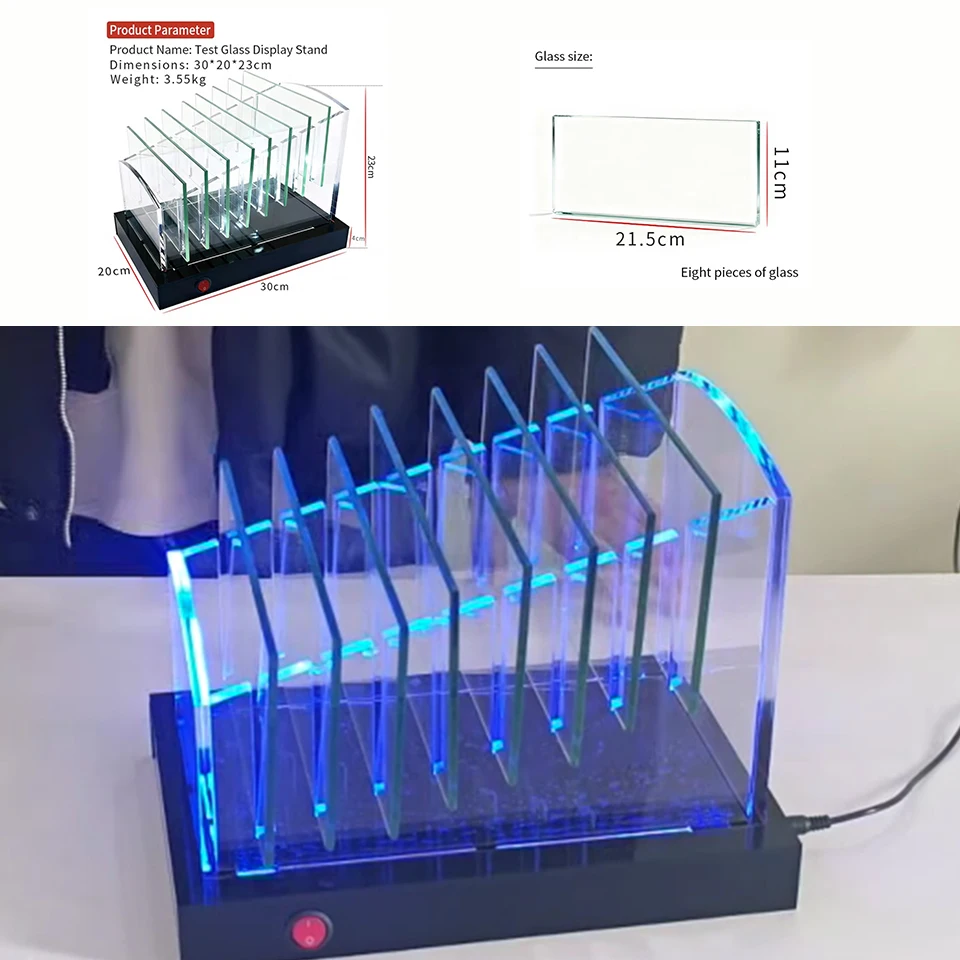 

8-Slot LED Light Acrylic Display & Storage Rack for Car Window Film, Solar & Anti-Explosion Film Sample Test with 8 Glass ST-A44