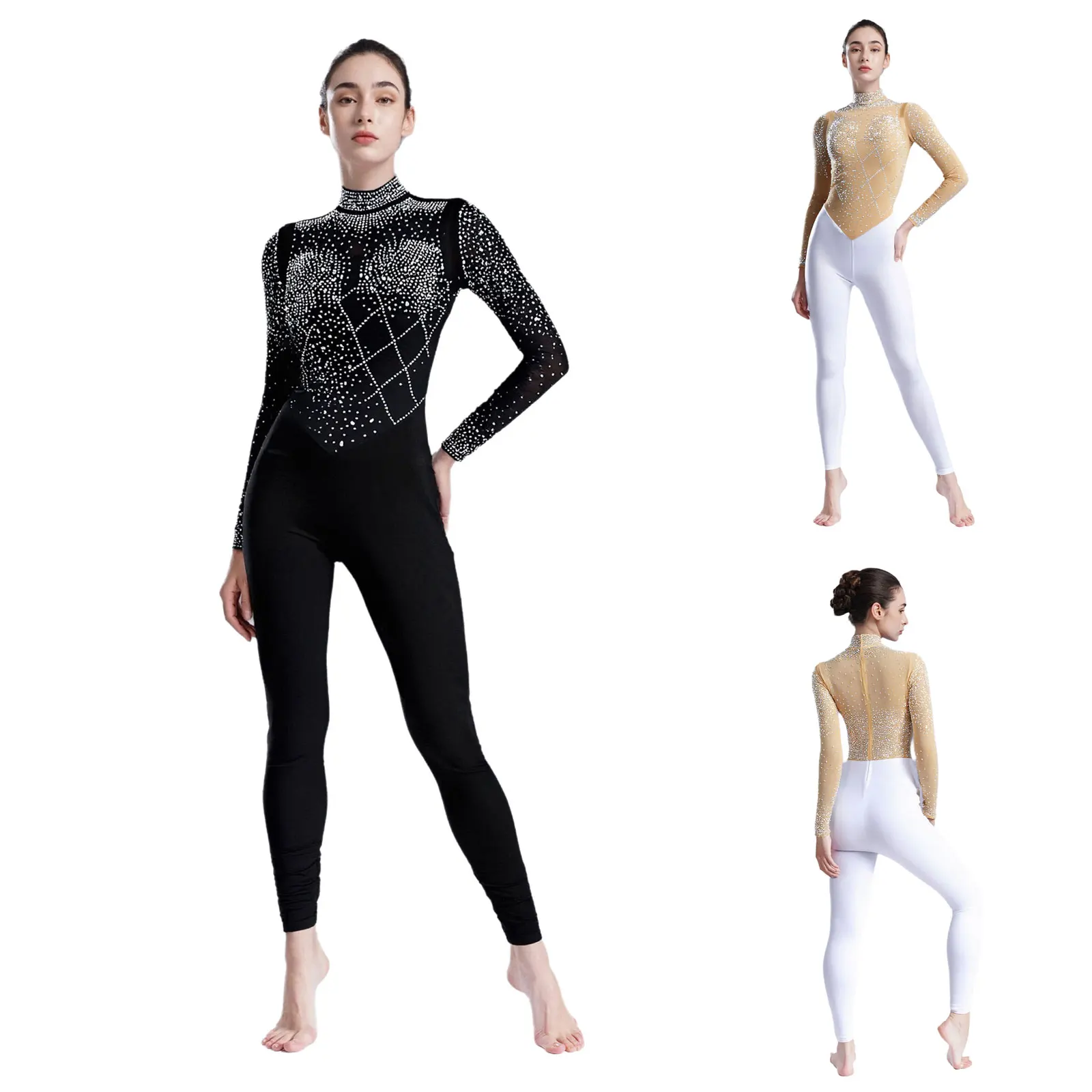 

Women's Radiant Jazz Bodysuit Rhinestones Sheer Mesh Long Sleeve Mock Neck Jumpsuit Gymnastics Dance Rompers One-piece Bodysuit