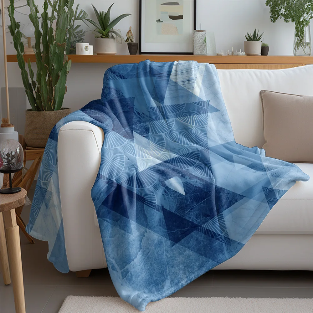 Blue Geometric Pattern Fleece Blanket - Abstract Triangle Design Throw Blanket for Sofa Bed Couch Gift