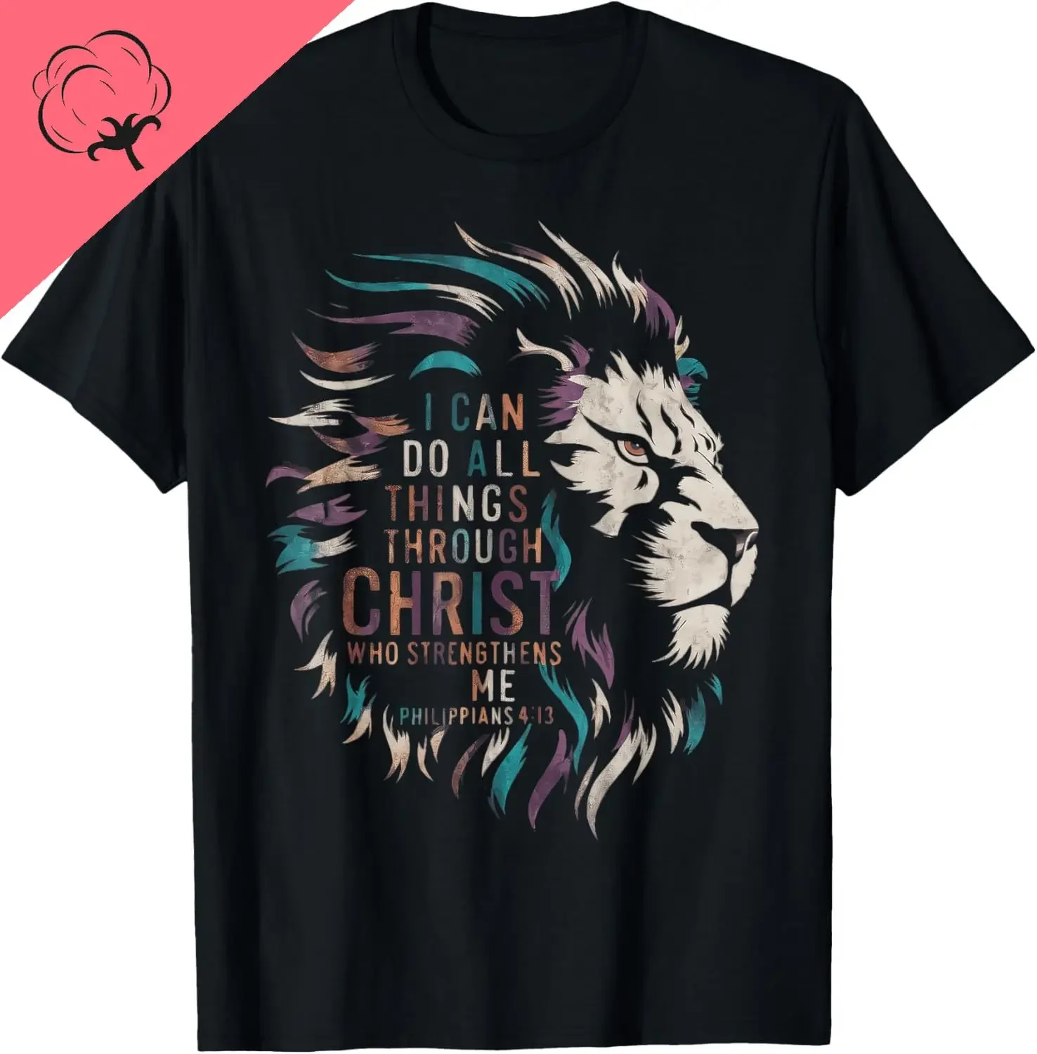 

Lion I Can Do All Things Through Christ Graphic T-Shirt Men's Breathable Cotton Crewneck