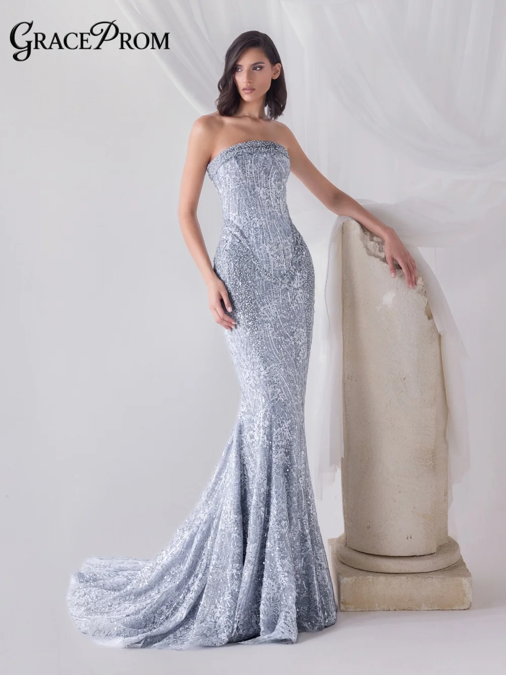 Shimmering Strapless Beaded Lace Evening Gown Silver Grey Formal Prom Dress Long Train Wedding Guest Party Dress فساتين سهرة
