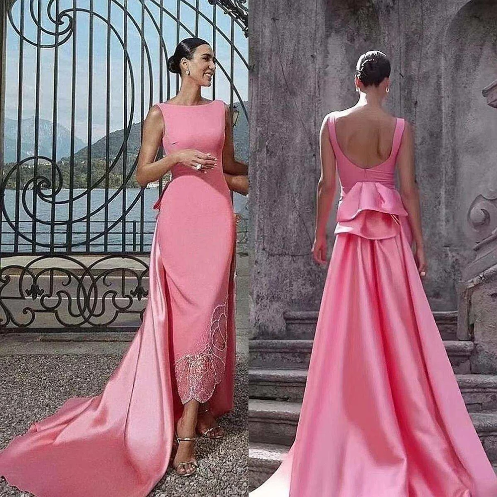 Elegant Women Pink Satin Evening Dresses O-Neck Chapel Train Backless Bow Ankle Length Mermaid Formal Occasion Luxury Dress