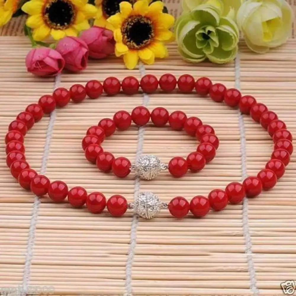 

Charming 8mm Coral Red Shell Pearl Round Beads Necklace Bracelet Set j1