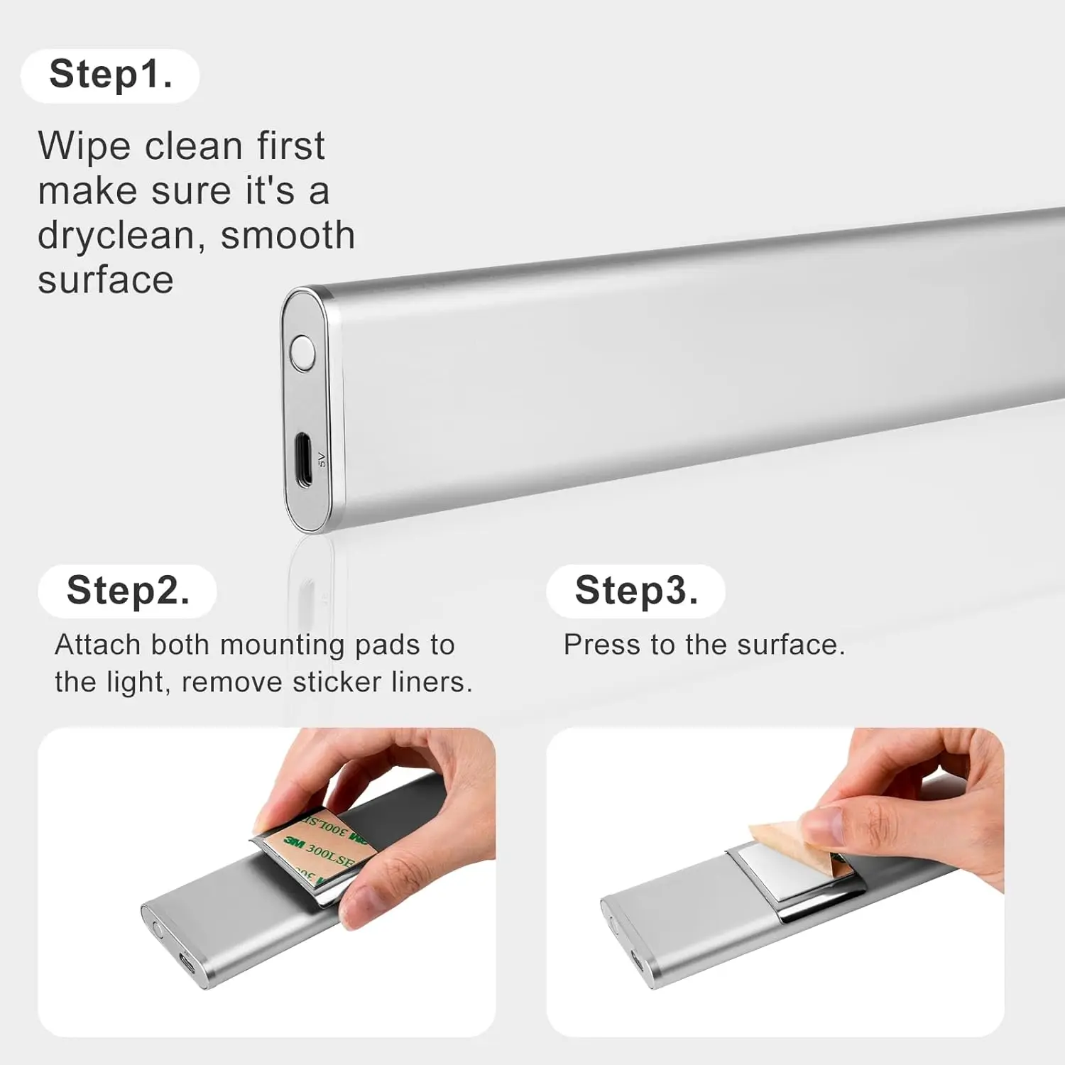 Sem fio sob o armário acende com sensor de movimento, luz recarregável do armário, 3 temperaturas de cor 1500mAh, 2Pack