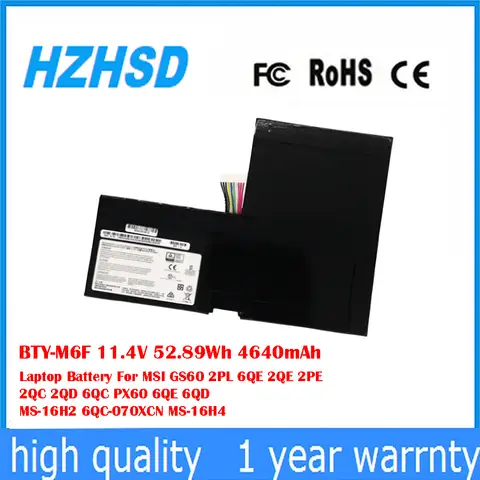 BTY-M6F 11.4V 52.89Wh 4640mAh Batteria del computer portatile per MSI GS60 2PL 6QE 2QE 2PE 2QC 2QD 6QC PX60 6QE 6QD MS-16H2 6QC-070XCN MS-16H4