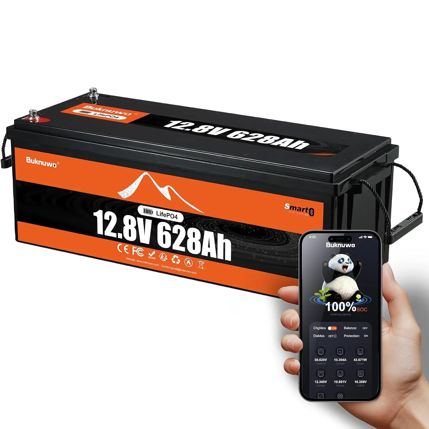 

12.8V 628Ah LiFePO4 Bluetooth Lithium Battery,8 kWh Energy,Built-in 200A BMS,15000+ Cycles Rechargeable Lithium