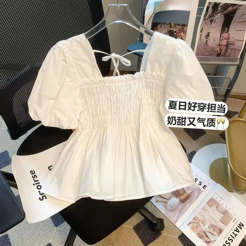 French Pleated Square Neck Bubble Short Sleeved Shirts Summer Blusas Mujer White Shirt Women 2024 Crop Blouse Lace Up Tshirt