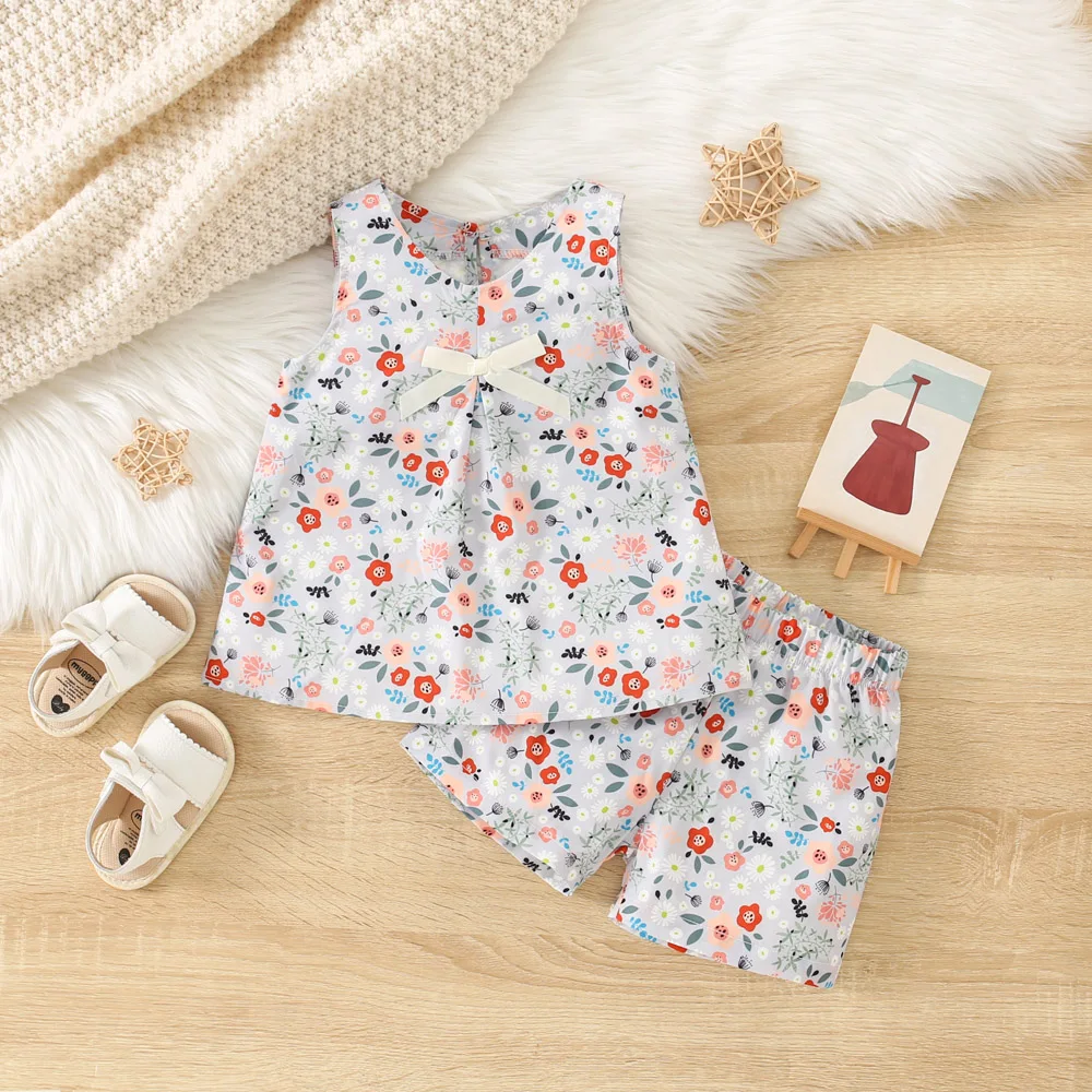 2Pcs/Set Summer New Cute Floral Two-Piece Round Neck Sleeveless Top And Shorts For Girls