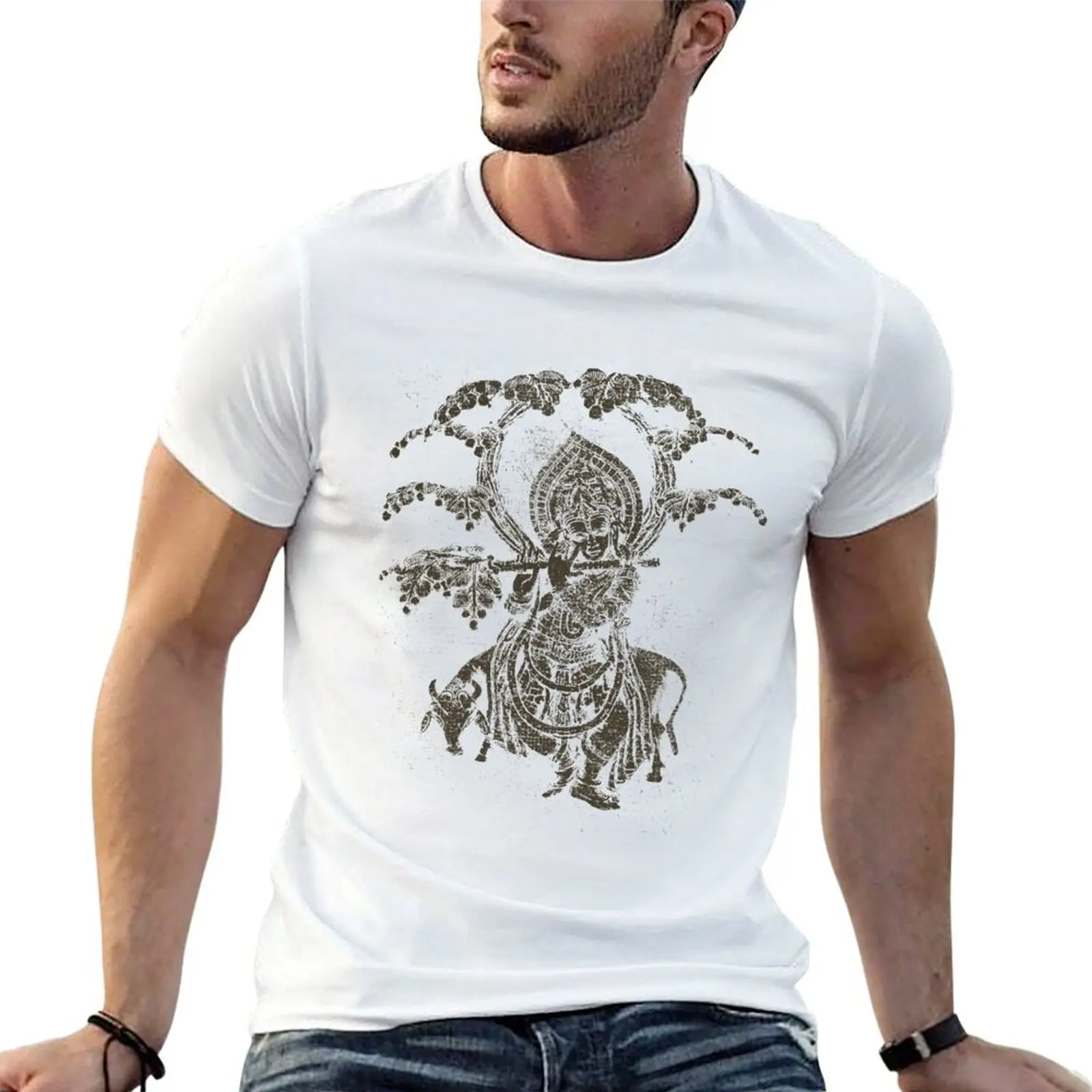 

Lord Krishna playing flute T-Shirt printed t shirts for man cotton t shirt pack t shirts cotton 100% T-shirt