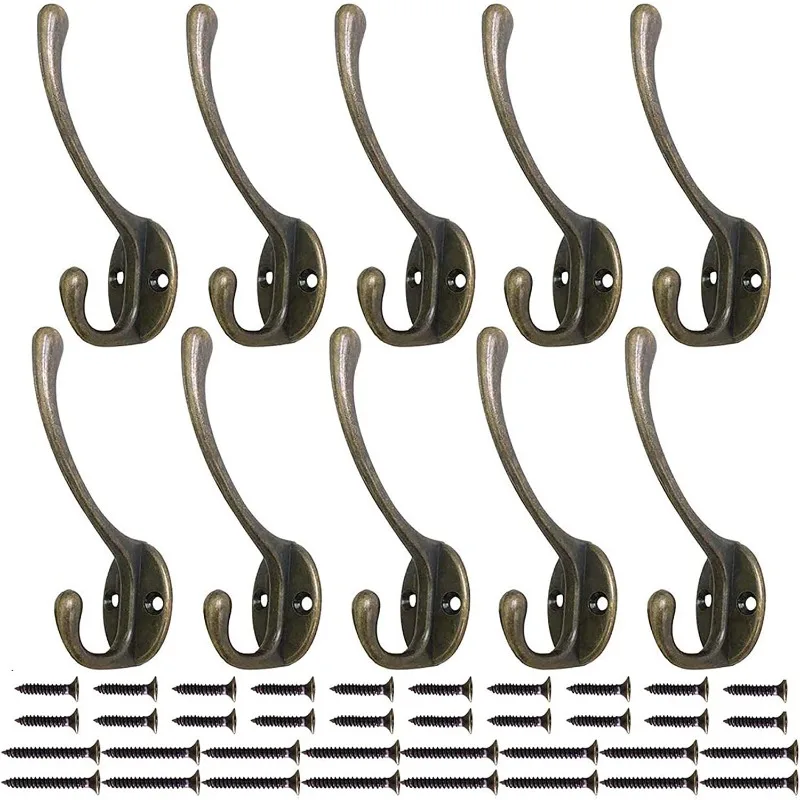 Ganchos para Abrigos con Tornillo para Puerta, 10 Piezas, Ganchos para Abrigos de Pared, Resistentes, Dobles, de Bronce Vintage, para Colgar Ropa