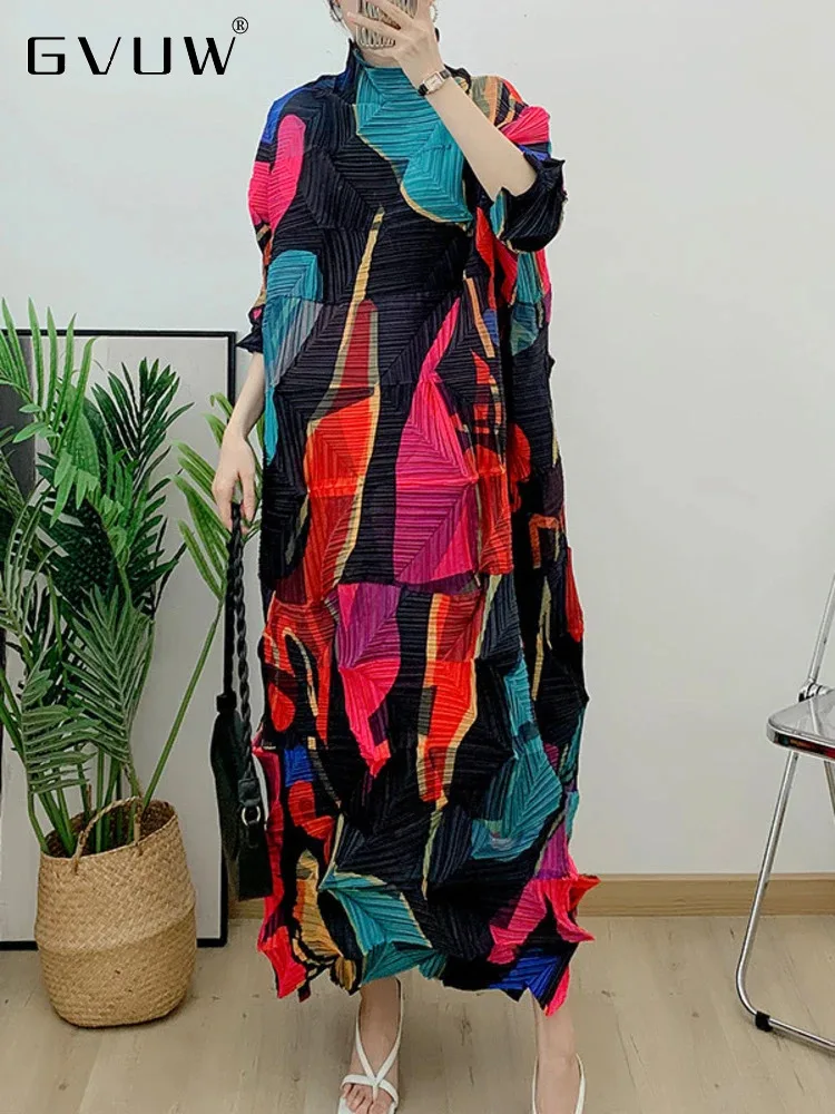 

GVUW Pleated Printed Dress Irregular Long Women 2024 Autumn New Loose Mock Neck Loose Color Block Niche Design Female 17G2748