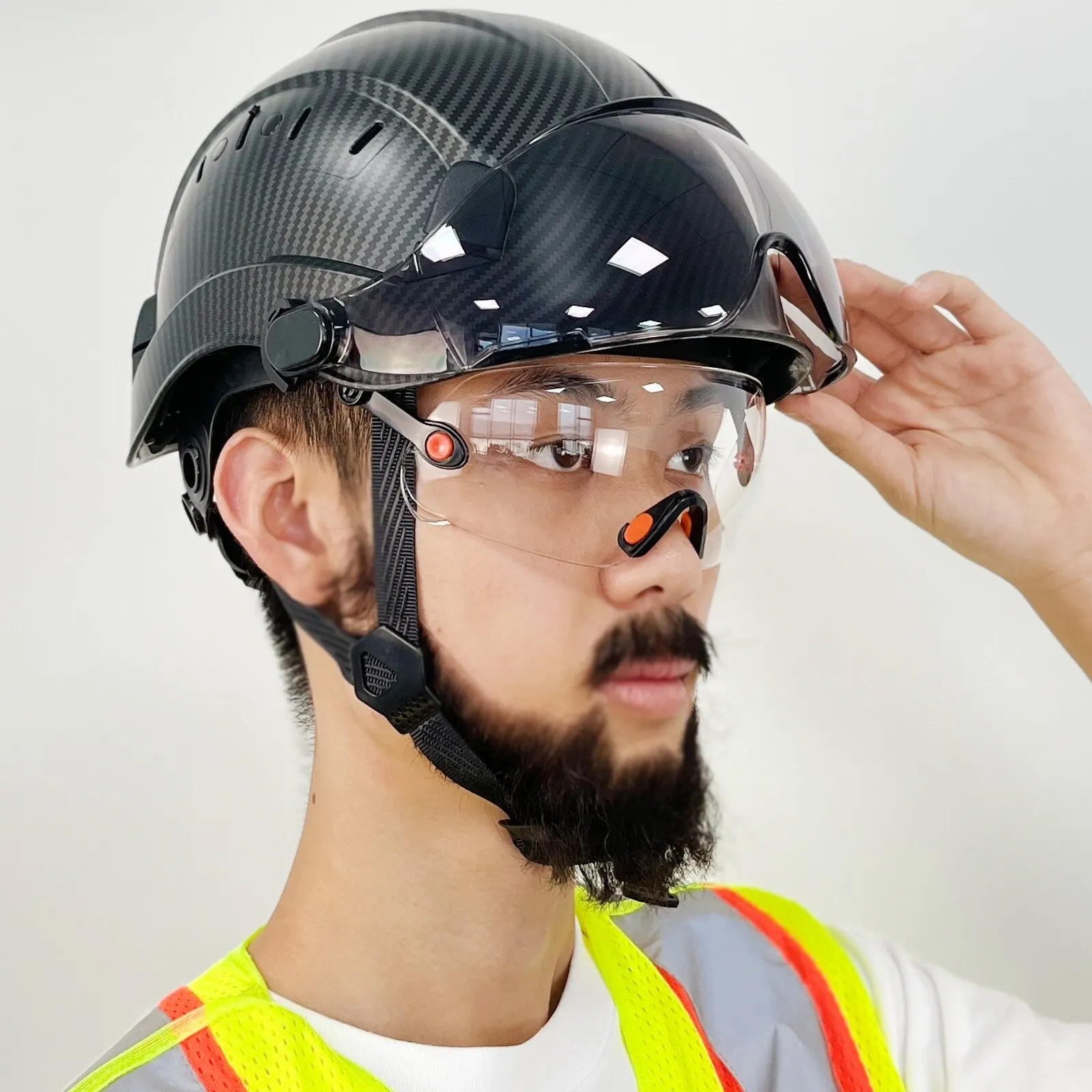 Casque de sécurité à motif en fibre de carbone avec visière, casque de travail en ABS ventilé réglable, suspension à 6 points ANSI, transparent et teinté