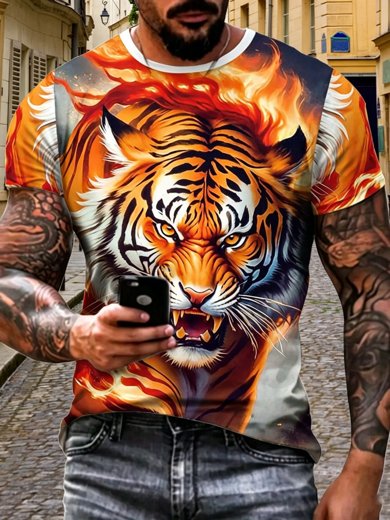 Vintage Angry Fire Tiger Head 3D All Over Print T Shirts For Men Fashion Animal Graphic T Shirts O Neck Casual Streetwear Tops