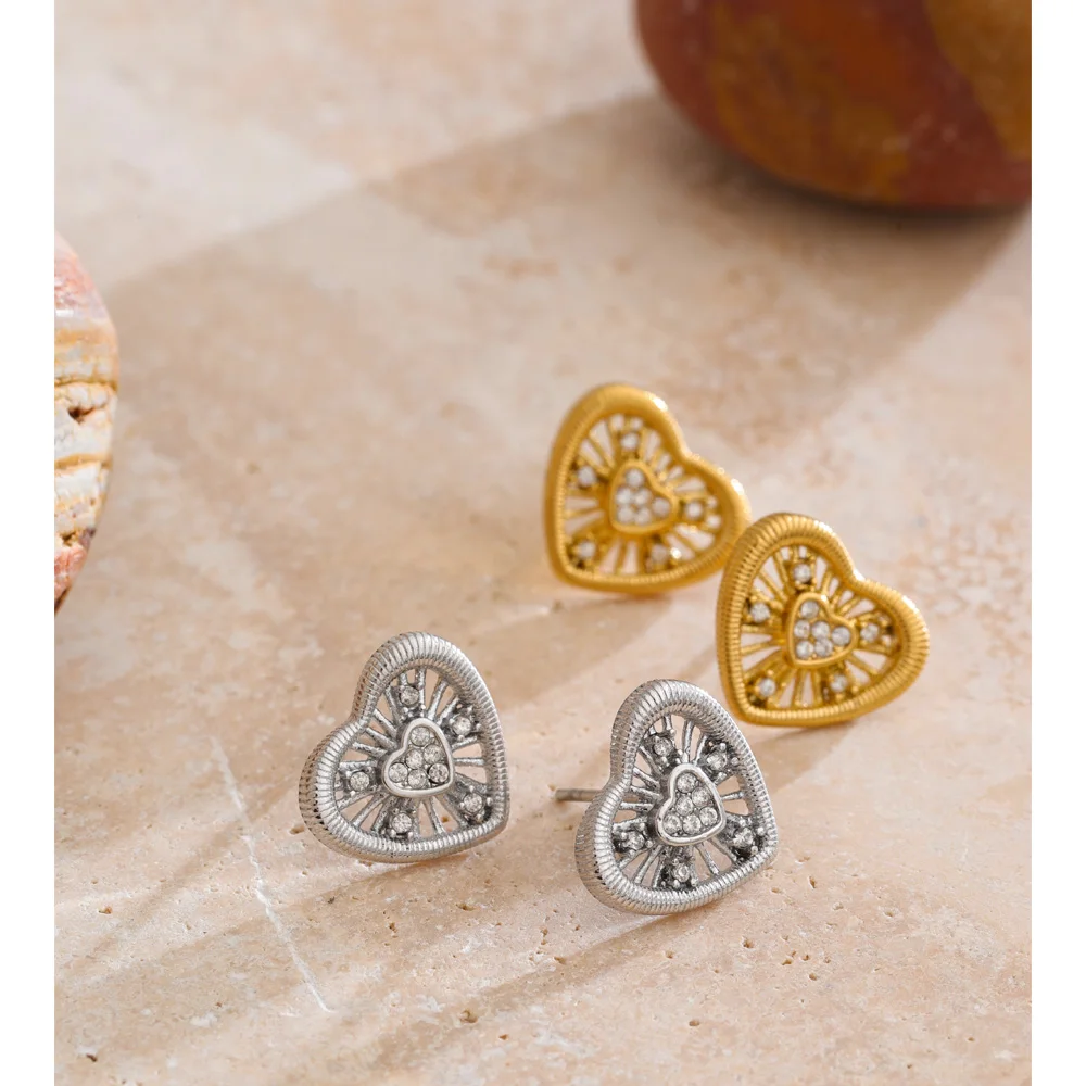 Yhpup Valentine's Day Gift Zirconia Heart Stud Earrings Stainless Steel Exquisite Romantic Charm Jewelry Gold Platinum Plated