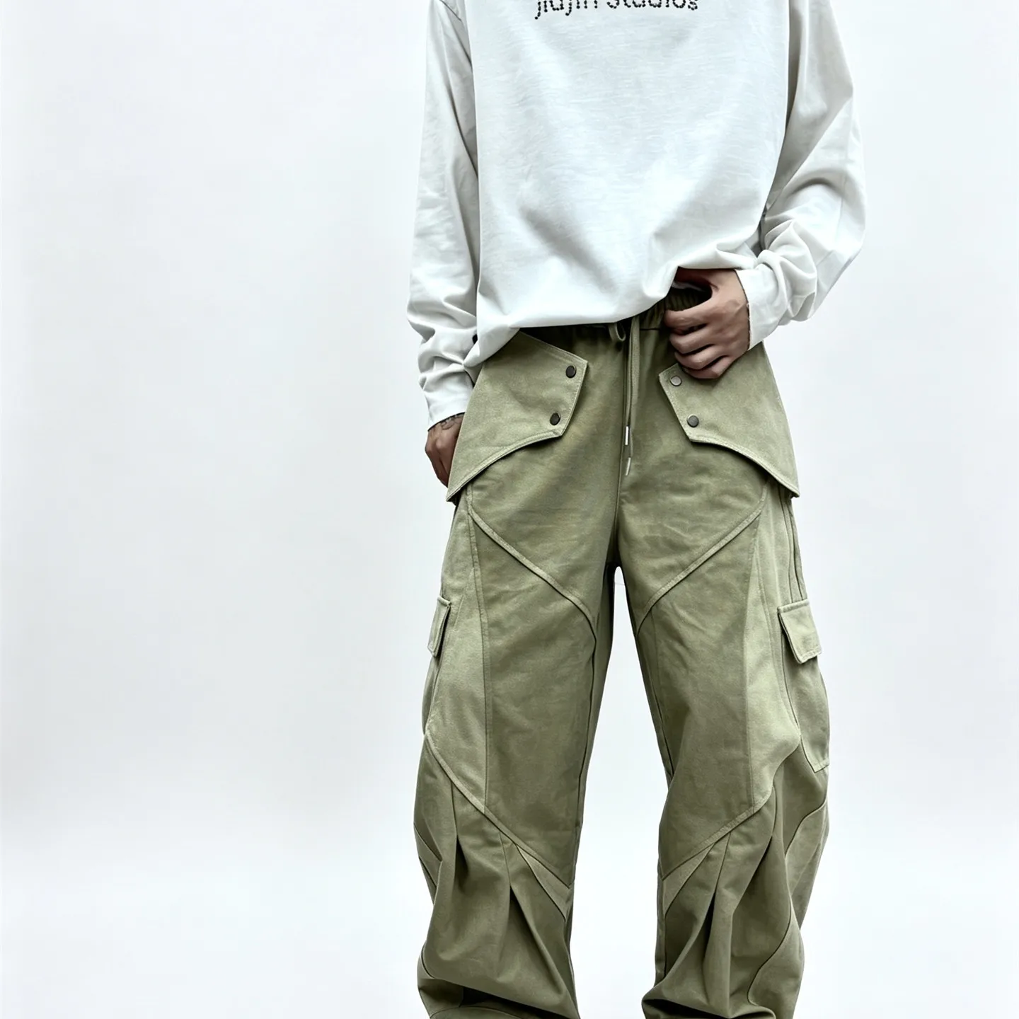 Design Sense  American Style Retro Washed Stand Cut Patchwork Cargo Pants Personality Wide Leg Trendy Loose Casual