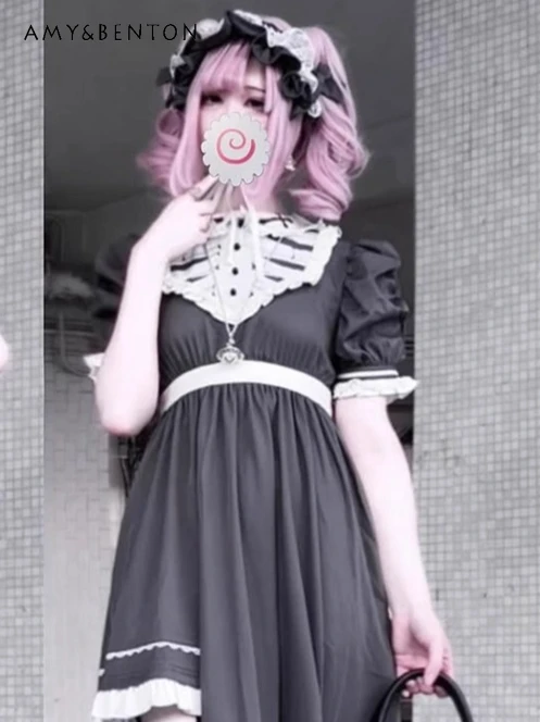 

Japanese Retro Gothic Style Patchwork Embroidery Ruched Lace Patchwork Tie Bow Dress Subculture Mine Series Mid-Length Dresses