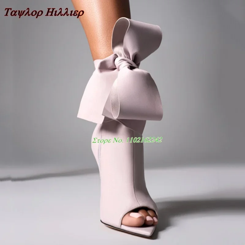 Summer Open-Toe Genuine Leather Short Boots Pointed Toe Stiletto Heel Bow Side Zipper Fashion Boots Party Banquet Women\'S Boots