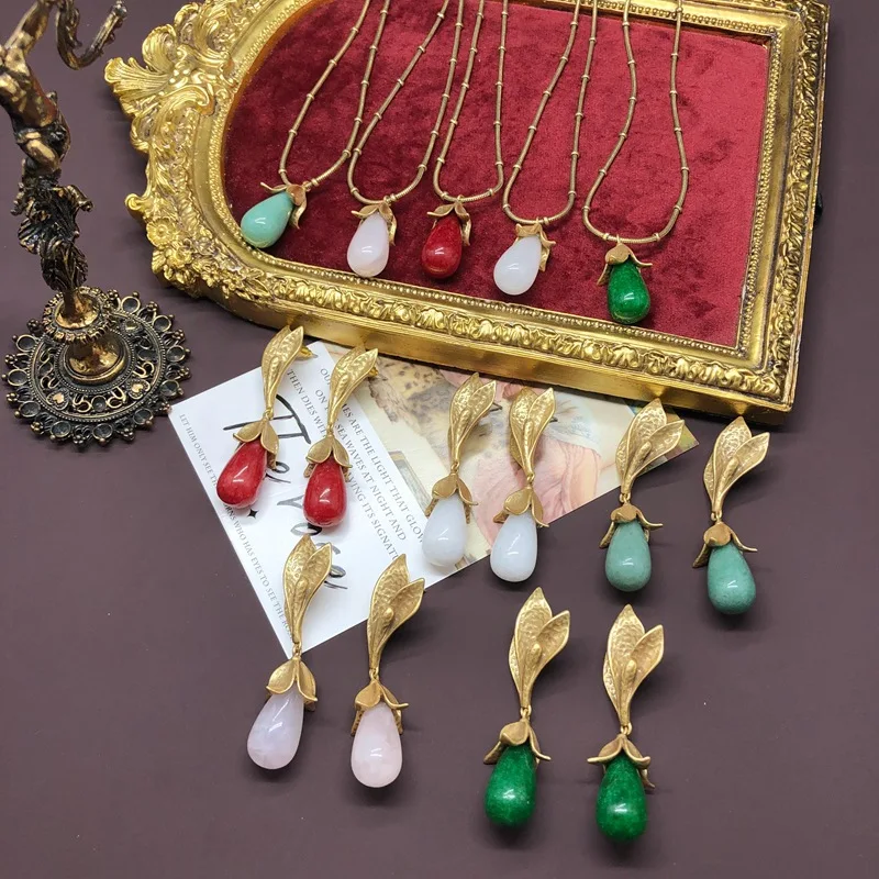 

Long Natural Stone Flower Leaf Earrings Retro Style Various Colors, Vintage Versatile Waterdrop Earrings Statement Necklace Sets
