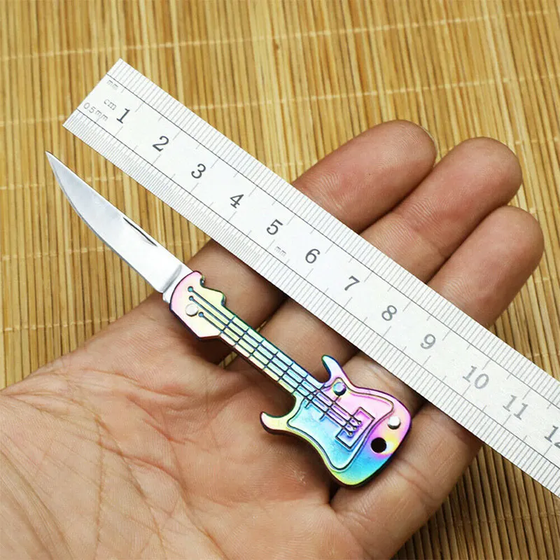 Hot Mini Guitar Key Knife Stainless Steel Folding Knife Household Self-Defense Pocket Portable Tools Can Be Made Of Key Chain