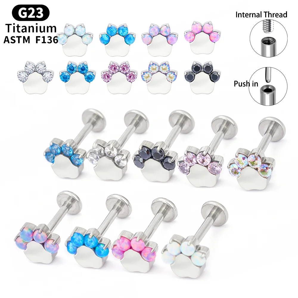 G23 Titanium Piercing 16G Internal Thread Push in Cat paw CZ Labret Nose Ear Studs Helix Cartilage Tragus Women Body Jewelry