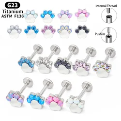 G23 Titanium Piercing 16G Internal Thread Push in Cat paw CZ Labret Nose Ear Studs Helix Cartilage Tragus Women Body Jewelry