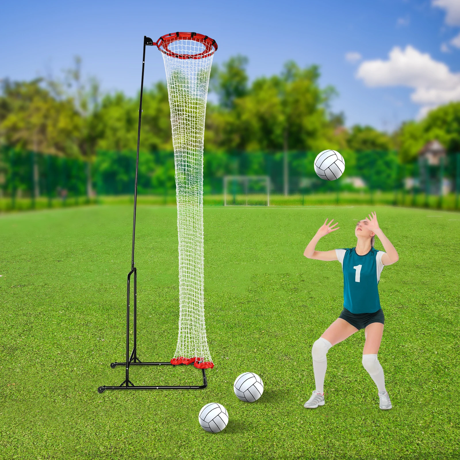 5.58-11ft Adjustable Volleyball Setting Trainer, Portable Spike & Serve Practice Net with Wheels, Outdoor Indoor Volleyball Rebounder for Backyard Gym Training, 15.87lbs
