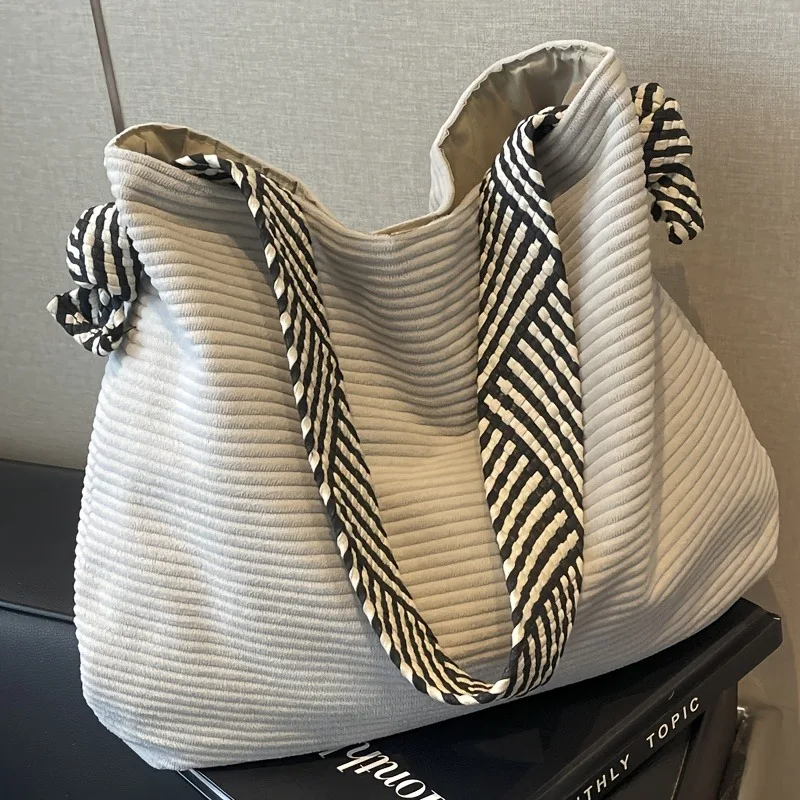 

Vintage Corduroy Tote Bags for Women Soft Striped Shoulder Straps, Large Capacity, Magnetic Closure, Versatile for Daily Commute