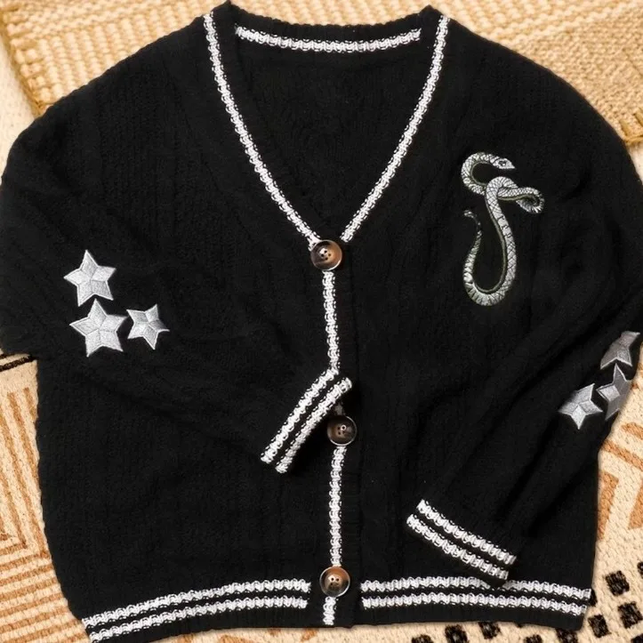 Cardigan with Snake Star Cardigan Rep Taylor Embroidery V-Neck Button Up Knitted Sweater in Black Fall Winter Casual