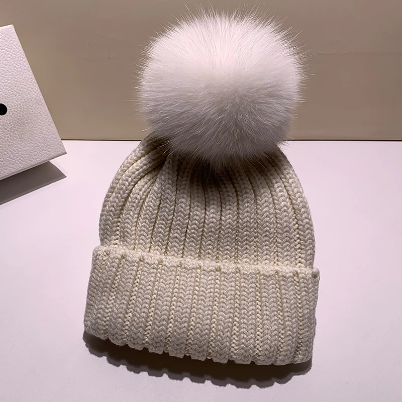 New Natural Fox Fur Pompom Knit Hat For Women Warm Winter Beanies Cap Casual Parent child hat