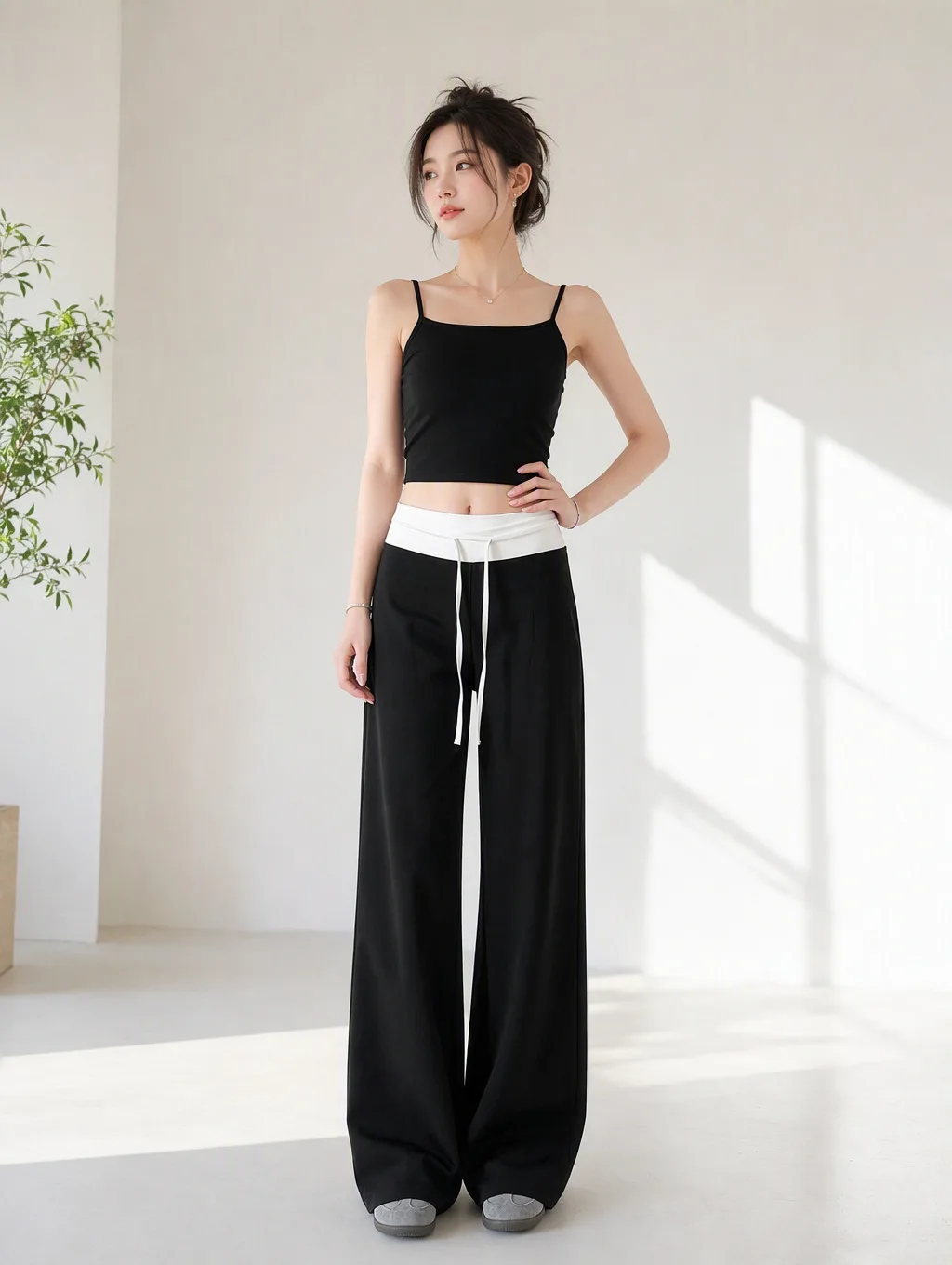 Damen-Freizeit-Sweatpants mit weitem Bein, umlegbarem Bund, ausgestelltem Schnitt, Yoga-Lounge-Hose, Pilates, Outdoor-Sport, Training, genähte Leggings – Detail 4