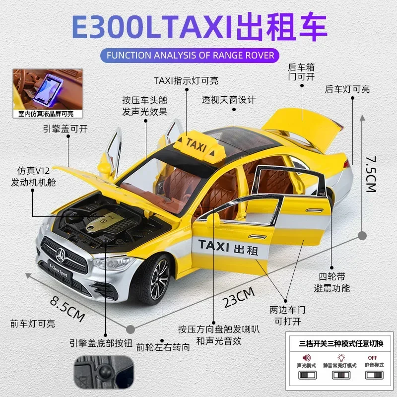 1:24 Mercedes-Benz E300L taxi High Simulation Diecast Metal Alloy Model car Sound Light Pull Back Collection Kids Toy Gifts