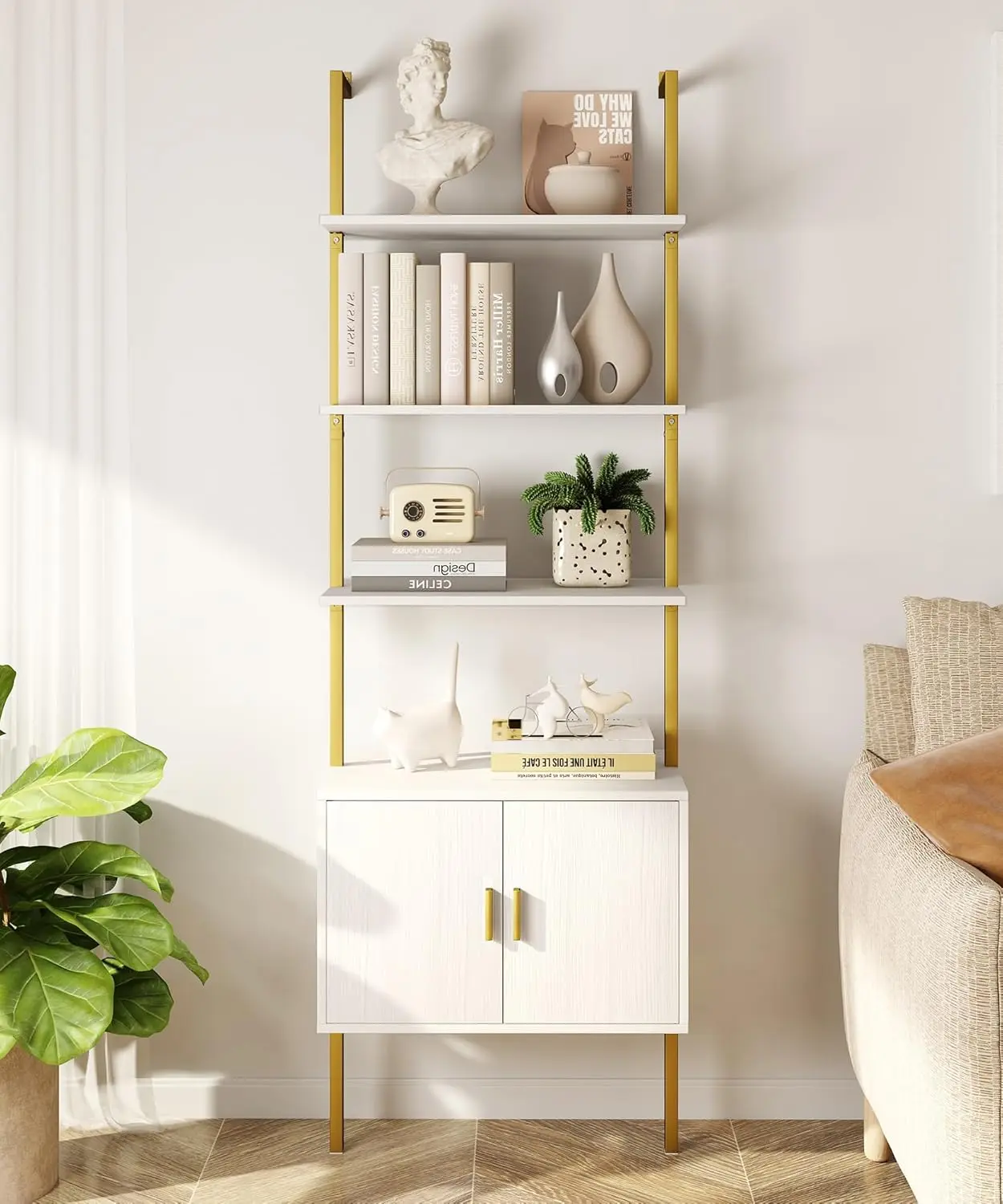 Bookshelf with Cabinet, Industrial Ladder Wall Mount Shelf Bookcase with Wood and Metal Frame, Plant Shelf Wall Storage Display