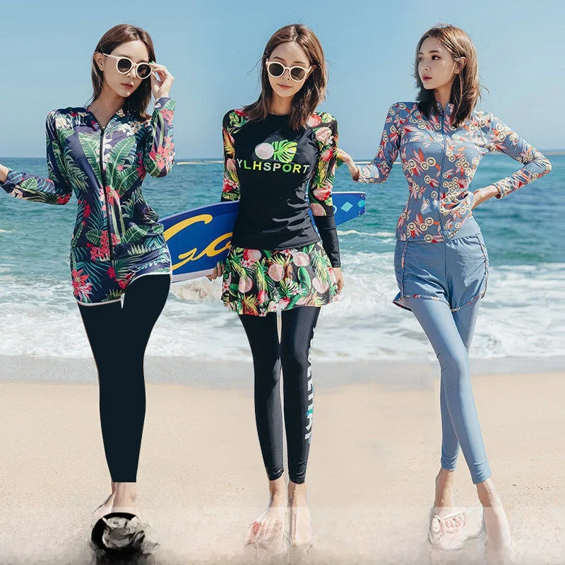 

Женский консервативный купальник с длинными рукавами для серфинга, пляжный солнцезащитный костюм для дайвинга, раздельный купальник из двух частей, повседневный, для отдыха, с подкладкой на груди